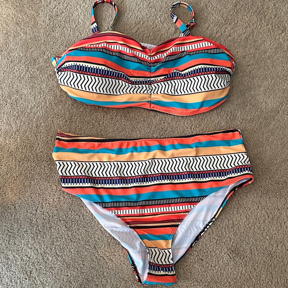 Striped Multicolor Bikini Set - Bandeau Top & High Waist Bottoms